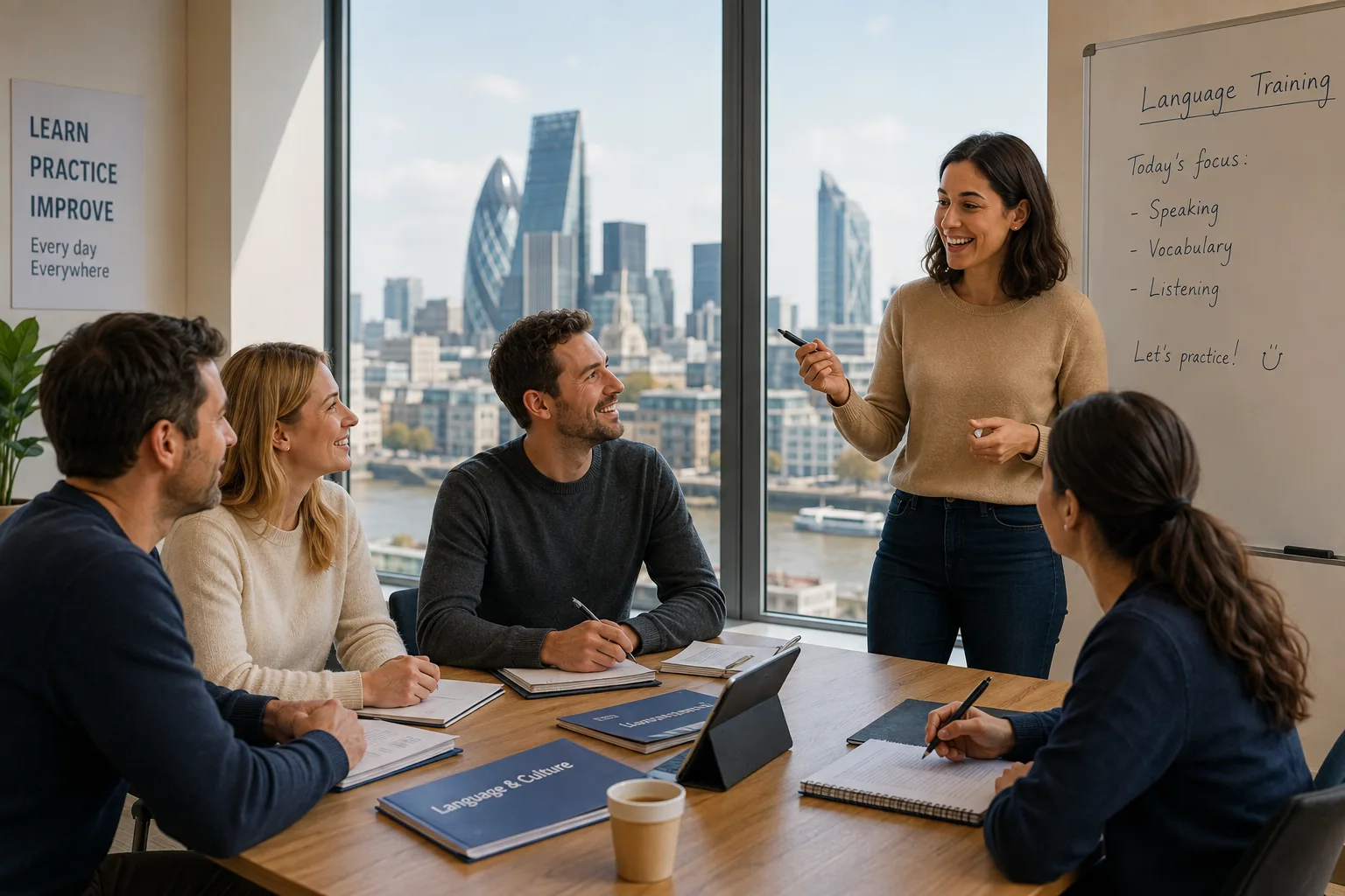Professionals in a business language class abroad