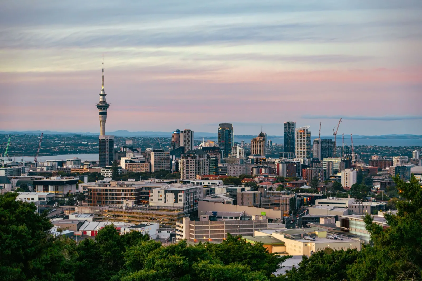 Auckland skyline and Sky Tower across the Waitematā Harbour, a destination for a language stay in Auckland
