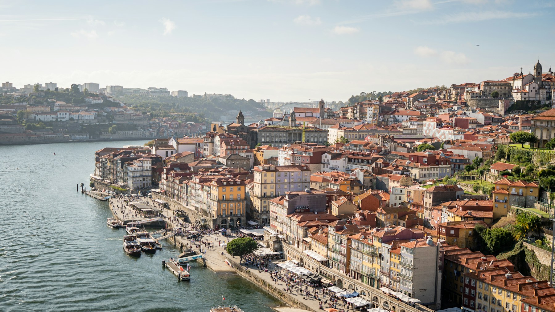 Porto's Ribeira waterfront and Port wine lodges on the Douro river in Portugal