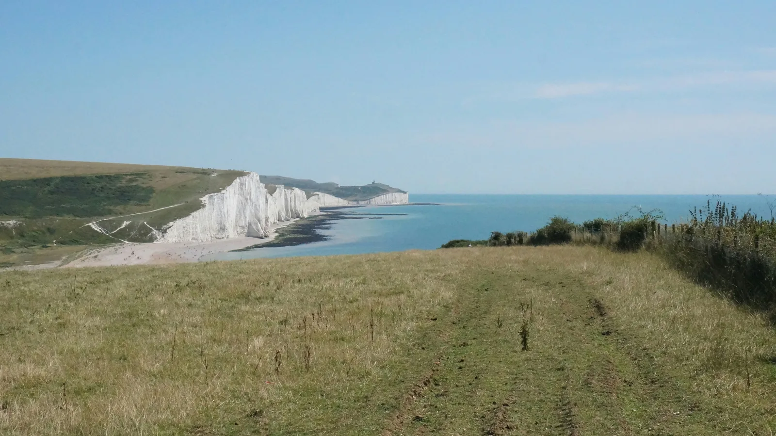 White chalk cliffs of the Seven Sisters seen from Seaford Head during a language stay in Seaford